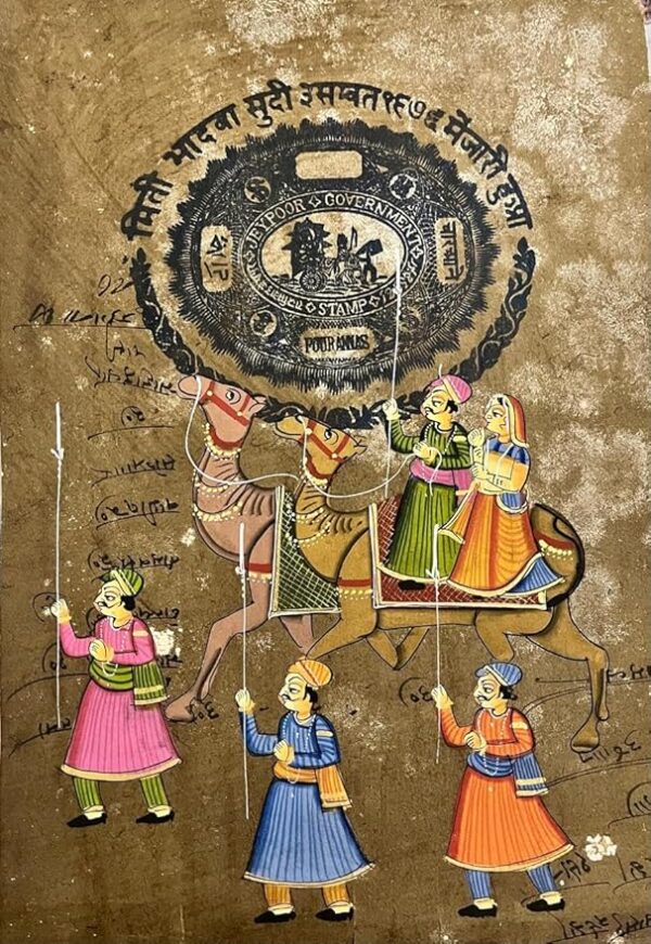 Vintage Rajasthani Camel Procession Art, Hand-Painted Folk Art with Government Court Stamp, Traditional Indian Wall Decor