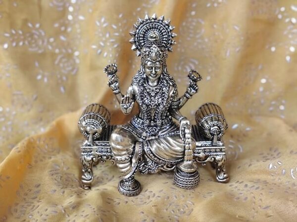 Brass Maa Lakshmi Devi Idol Statue Sitting on Throne in Decorative Luxury Bag - Laxmi Ji Ki Murti for Pooja Temple Room Diwali Gift & Home Décor Items (4 Inch Height)