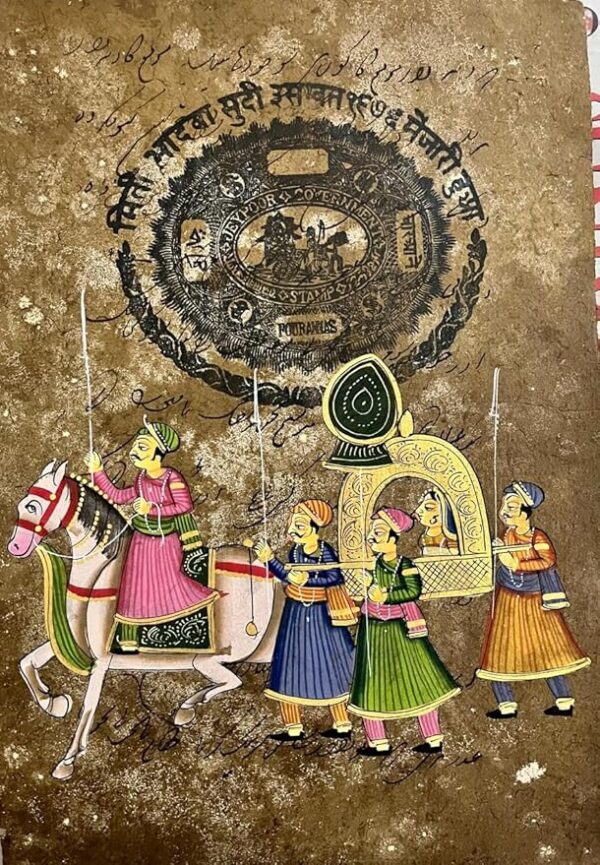 Cultural Art Handmade Indian Heritage Painting – Royal Procession Art | Unique Wall Décor | Gift for Home, Office, or Festive Occasions with Historic Jaipur Court Stamp