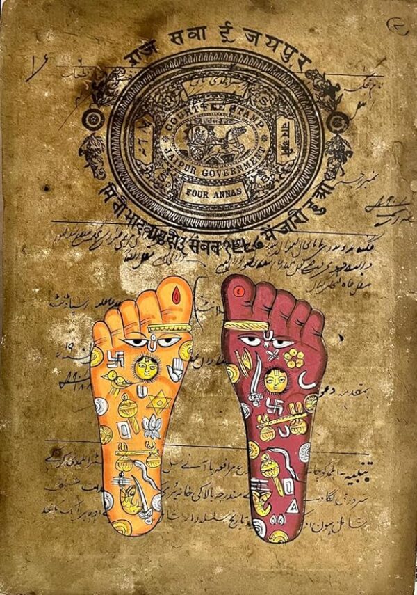 Laxmi Handicraft’s Crafting Divinity collection Vintage Jaipur Court Stamp Art Print, Traditional Indian Spiritual Feet Design, Hand-Painted Wall Décor